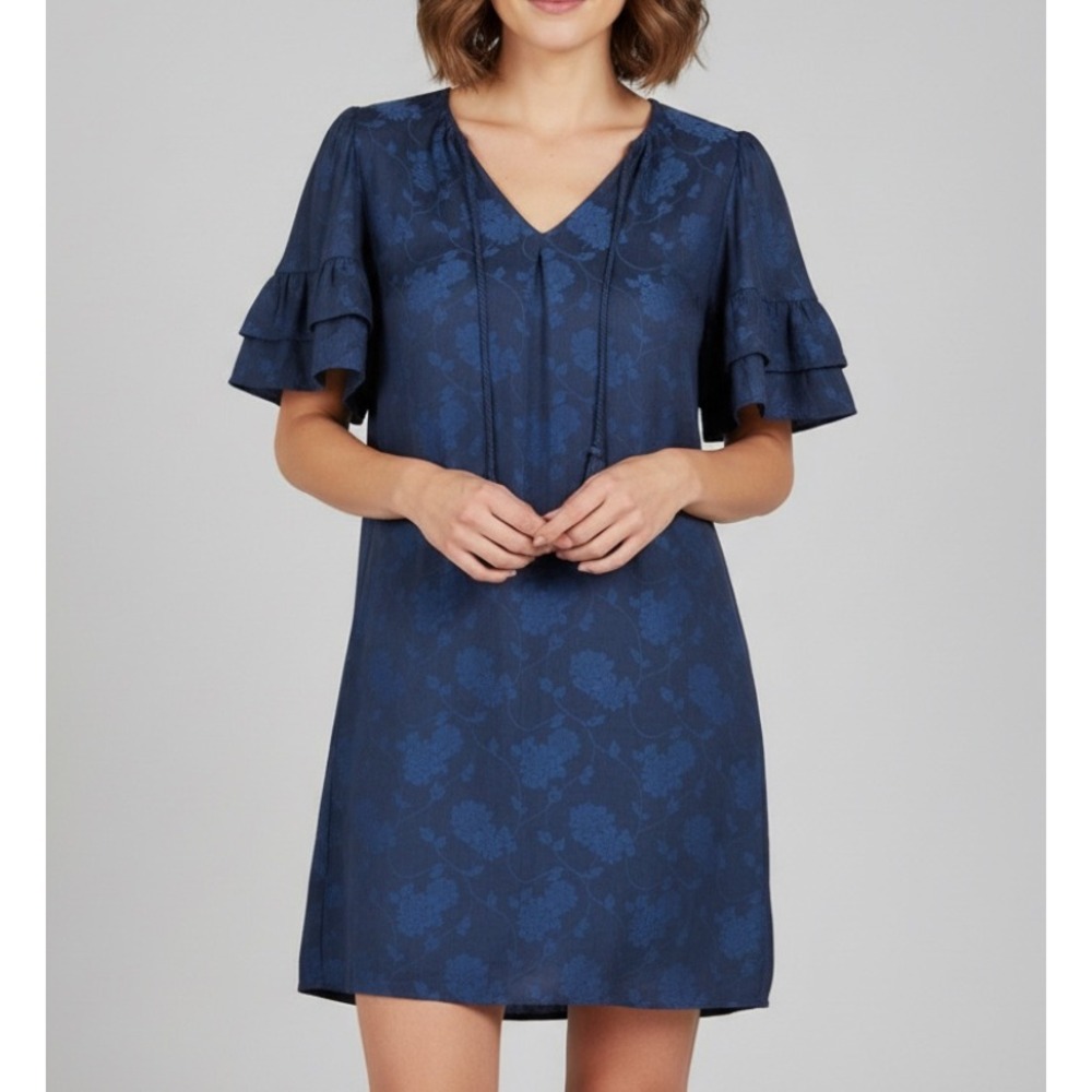 NWT CHELSEA & VIOLET Navy Blue Floral Satin TASSELS Ruffles SHIFT DRESS Sz S